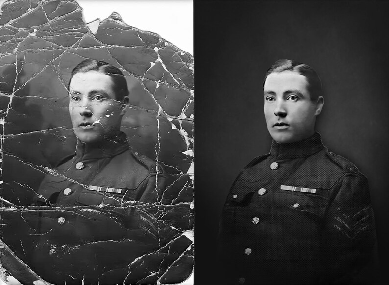 May include: A black and white photo of a man in a military uniform. The photo is damaged and torn, but the man's face is still visible. The photo has been restored on the right side of the image.