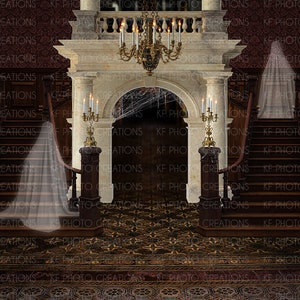 May include: A spooky, dark, and mysterious hallway with two staircases leading up to a grand archway. The walls are dark wood and the floor is covered in a dark patterned rug. There are two ghosts, one on each staircase, and a chandelier hanging from the ceiling.