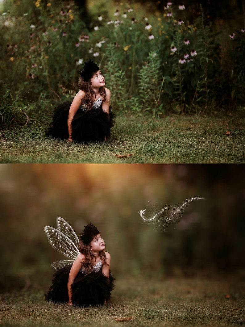 May include: A young girl wearing a black tulle dress and a black headband with a flower accent sits in a grassy field. She looks up at a sparkling fairy with translucent wings flying away from her.
