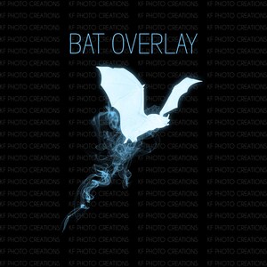 Op de afbeelding: Een digitale illustratie van een lichtblauwe vleermuisoverlay met een rookeffect, tegen een zwarte achtergrond. De tekst "BAT OVERLAY" staat in lichtblauw bovenaan.