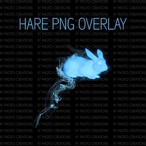 May include: A blue, translucent hare with smoke-like trails behind it, against a black background. The text "HARE PNG OVERLAY" is visible in the upper part of the image.