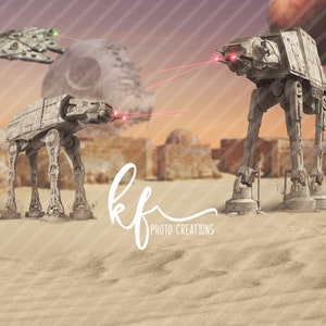 May include: Two white AT-AT walkers firing red laser beams at each other in a desert landscape. A small spaceship flies overhead.
