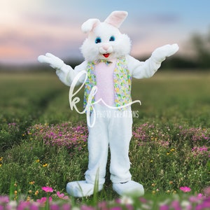 May include: A white Easter bunny costume with a pink and green vest, standing in a field of flowers. The bunny is smiling and has its arms outstretched.