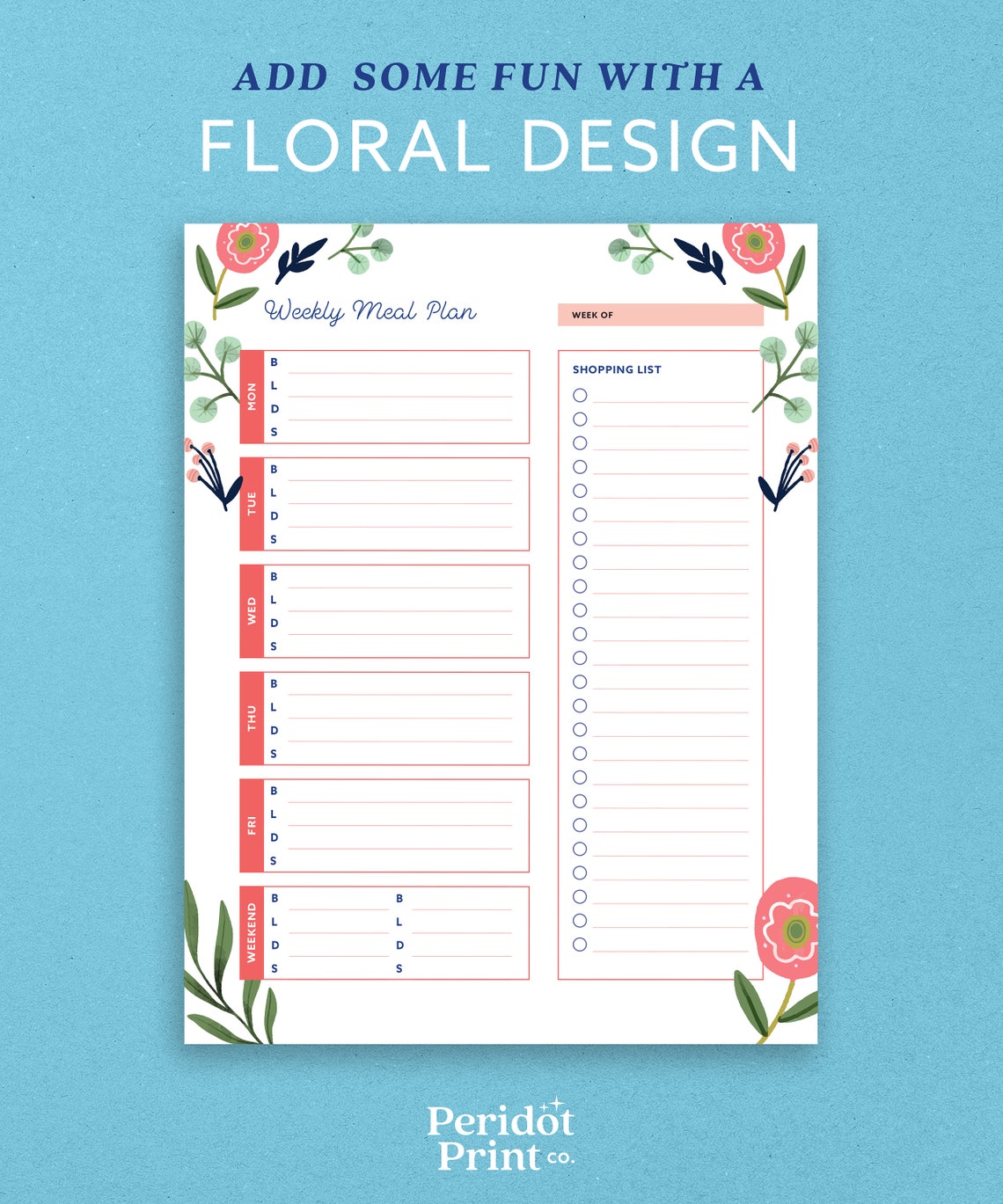 Printable Floral Weekly Meal Planner Simple Weekly Meal | Etsy