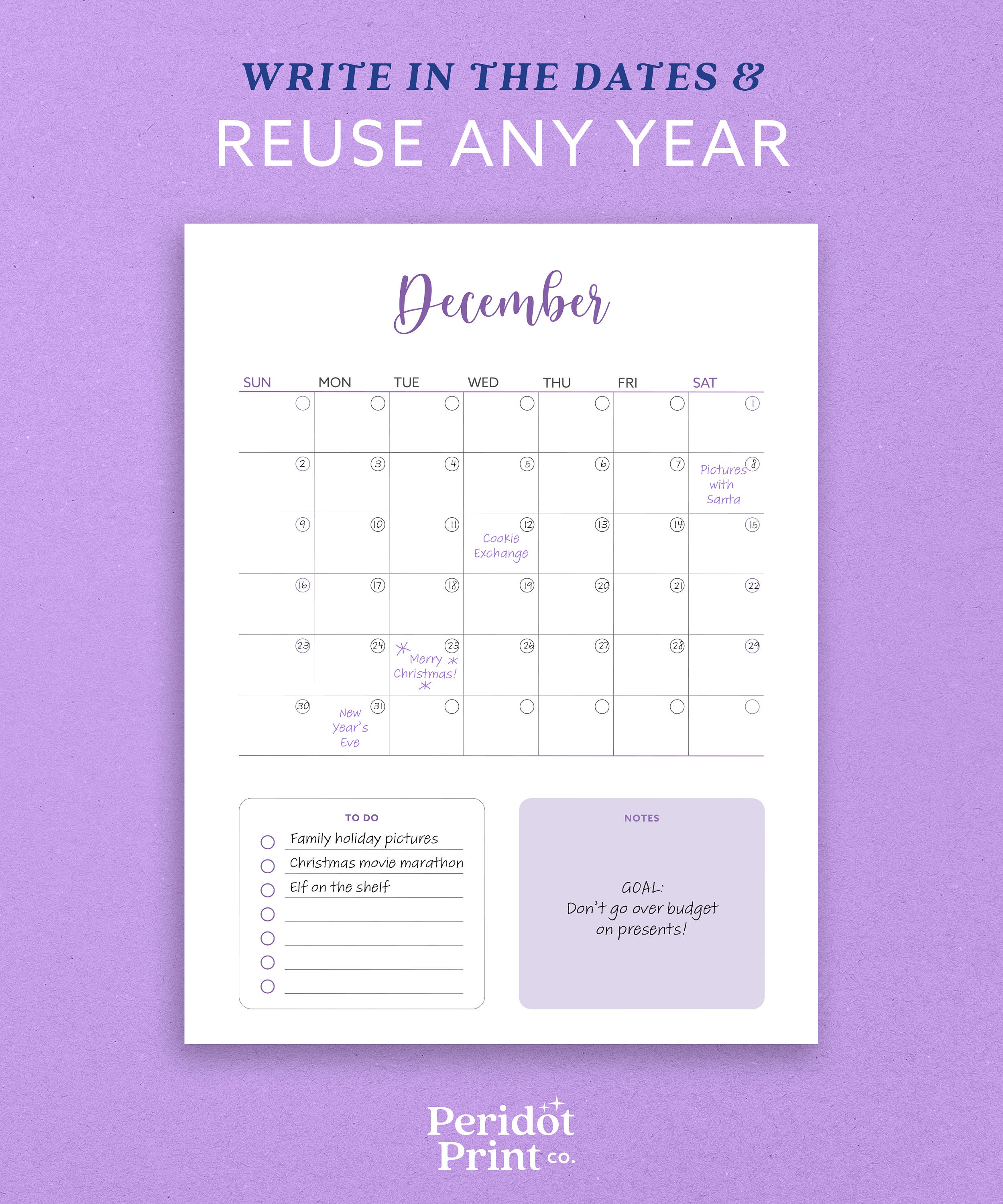 Printable Undated Monthly Calendar Cute & Simple Purple | Etsy