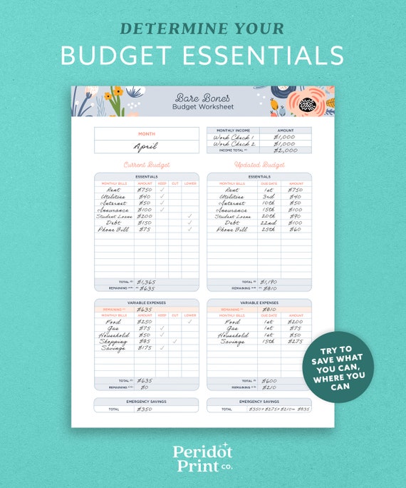 Printable Bare Bones Budget Worksheet Bare Bones Budget - Etsy