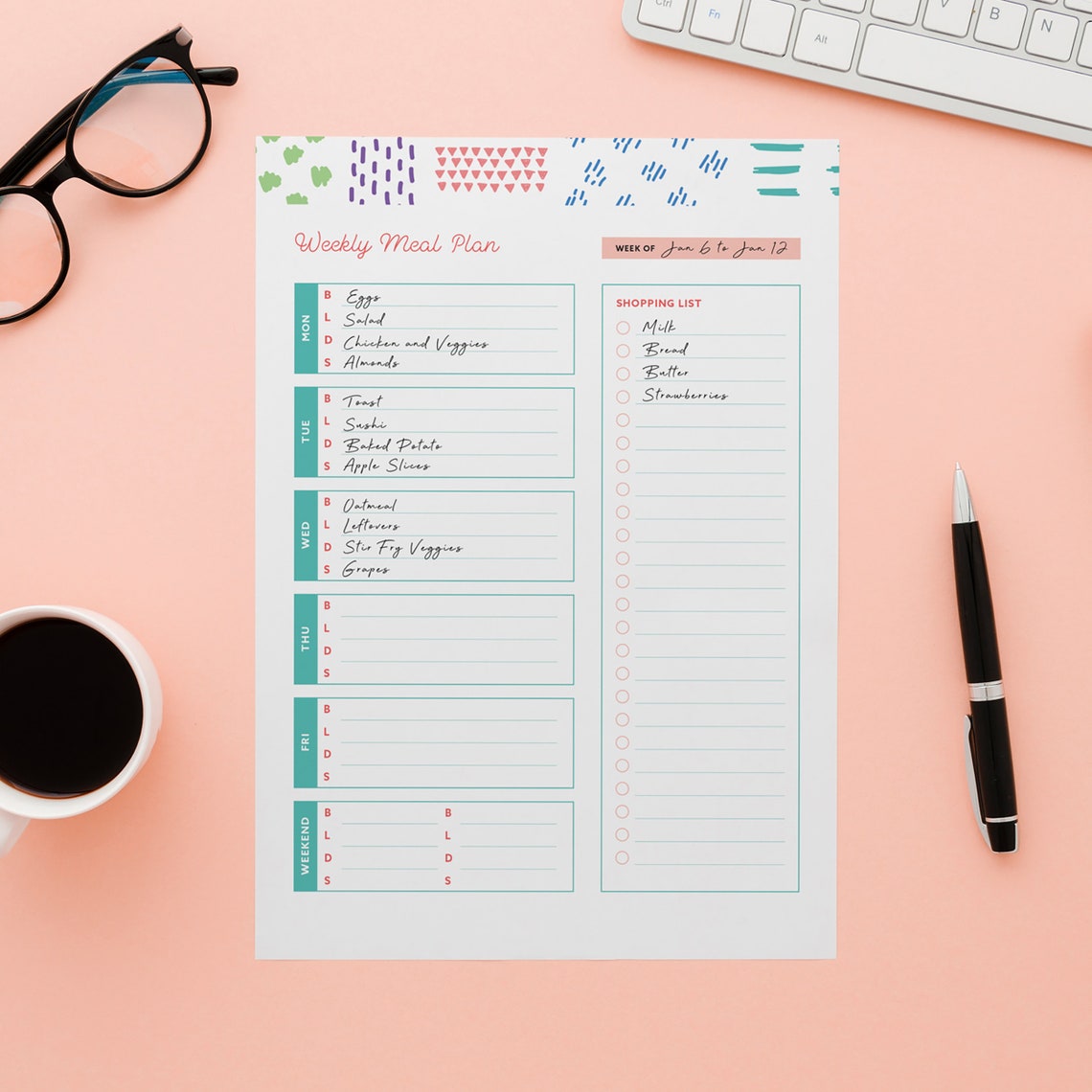Printable Weekly Meal Planner Cute Abstract Design Meal - Etsy