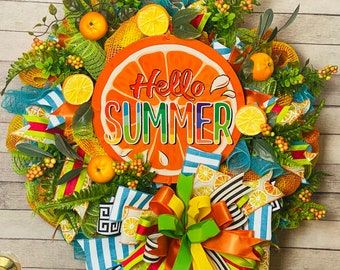 Summer Orange Wreath,  Hello Summer Orange Door Hanger,  Front Door Summer Orange Wreath,  Everyday Summer Orange Wreath, Orange Mesh Wreath