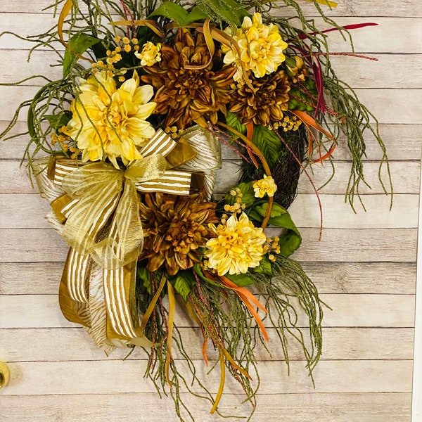 Autumn Wreath, Fall Floral Twig Wreath,  Elegant Gold Fall Wreath,  Front Door Moss Wreath, Moss Floral Wreath, Fall Moss Floral Wreath.