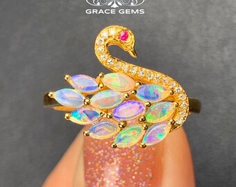 Vintage Rose Gold over Sterling Silver Petite Swan Pendant with Genuine Fire Opal and Pave Cubic Zirconia Accents