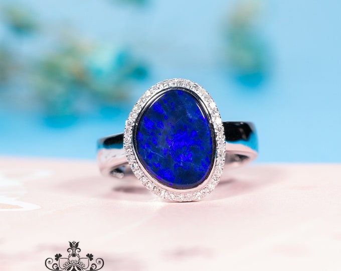 18k white gold blue opal ring/Natural Australian opal ring women/Gold opal engagement ring/Halo opal ring/Boho art deco opal ring/Handmade