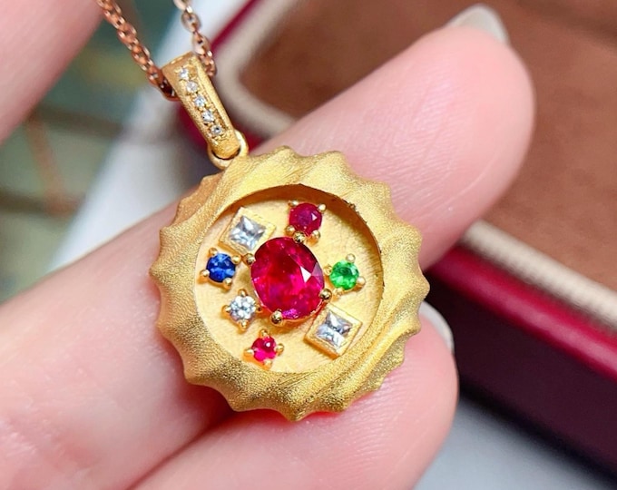 Unique Design Natural Pigeon Blood Red Ruby Pendant in 18k gold diamonds/Emerald and Sapphire  Necklace/Anniversary Birthday Choker Necklace