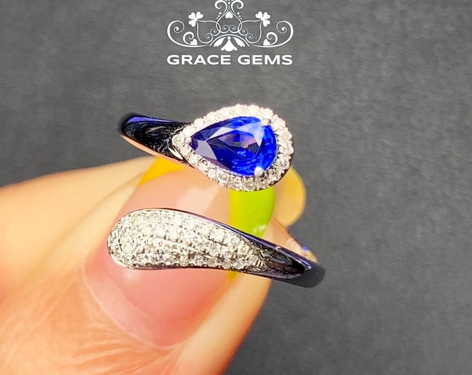 Special 18k/14k white gold pear sapphire engagement or wedding ring with marquise white sapphire side stones/Blue gemstone/Vintage Antique