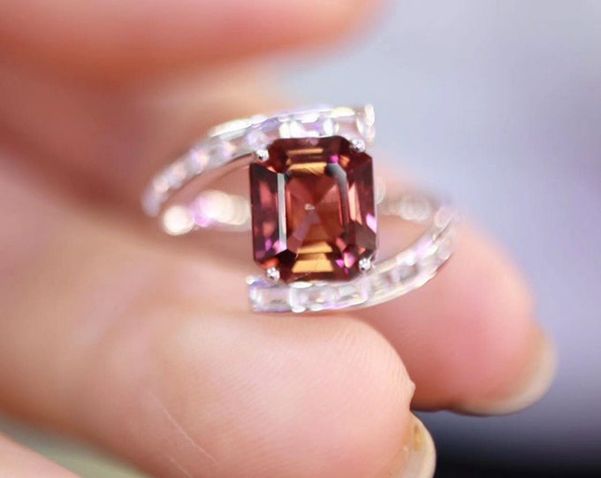 18k white gold Natural Dark Red Tourmaline Ring with diamonds/Paved Engagement Wedding ring/Unique dainty ring for her/Art Deco fine jewelry