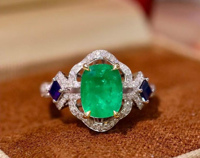 Unique luxurious emerald ring/Natural Certified Zambia Emerald Engagement Wedding ring/Sapphire  handmade emerald women ring/Fine jewelry