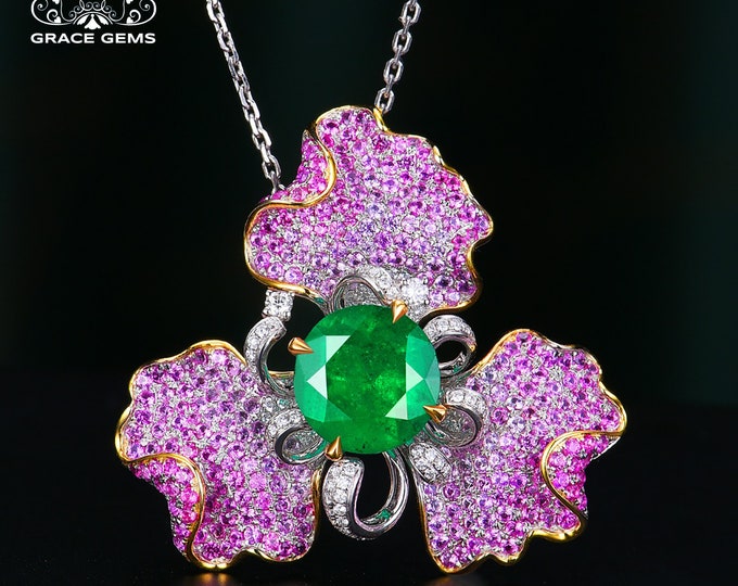 3.37CT Certified Natural Clombia Emerald  Pendant in 18k gold with sapphires rubies/One of a kind Necklace/Anniversary Birthday Choke/Boho