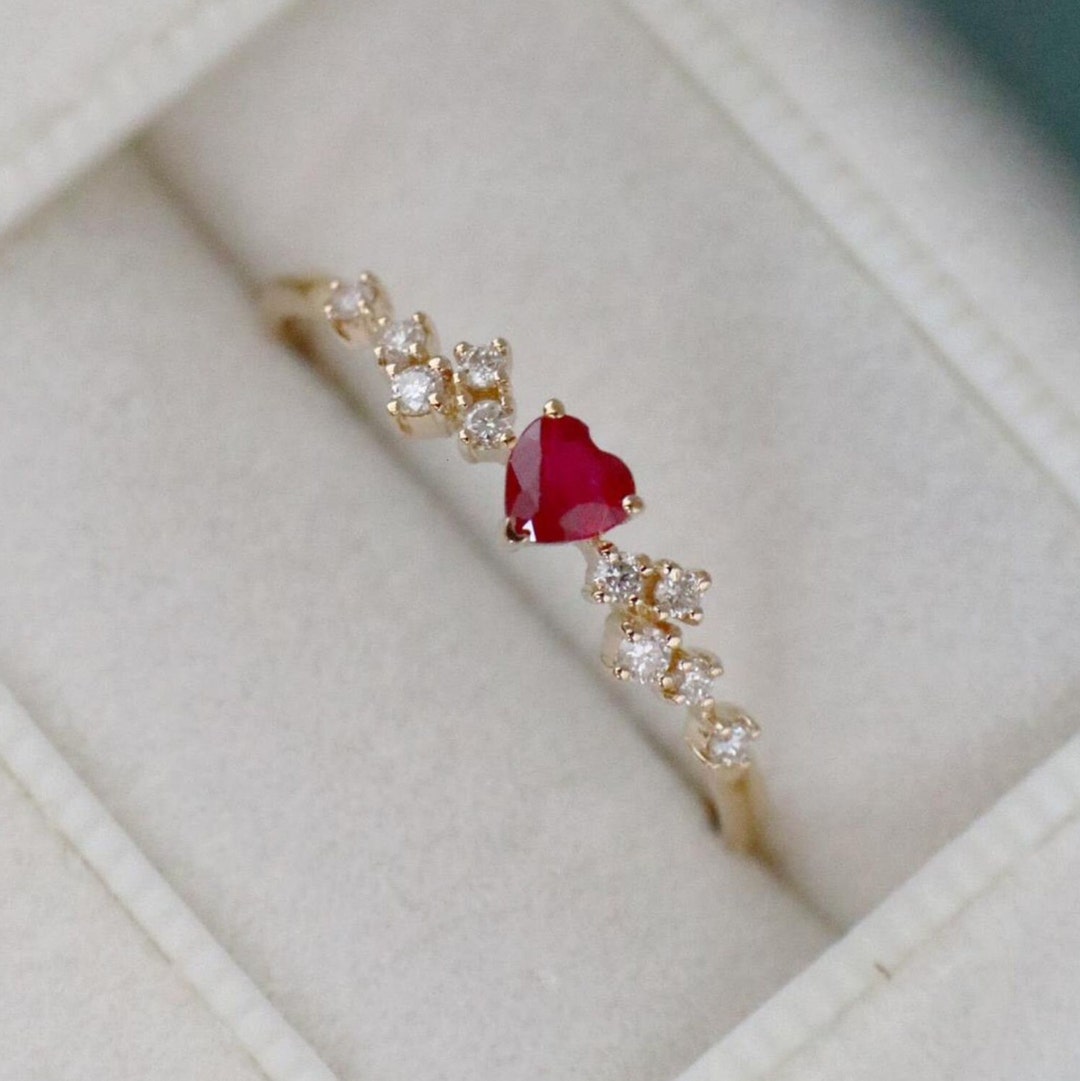 18k Gold Heart Ruby Ring: Dainty Diamond Accent Ring/high End Gift ...