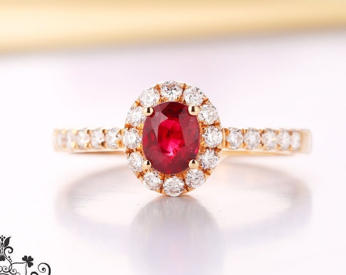 18k rose gold flower Mozambique ruby ring/antique ruby ring/art deco ring ruby/genuine ruby ring/18k gold ruby ring/Diamond halo ruby ring