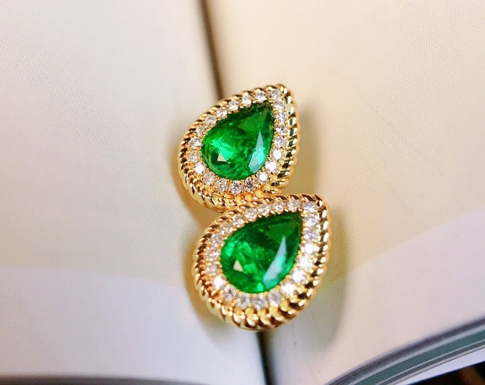 18k solid gold Afghanistan High end Emerald with diamond halo/Victorian Gothic earrings/handmade jewelry/Unique Birthday Anniversary gift