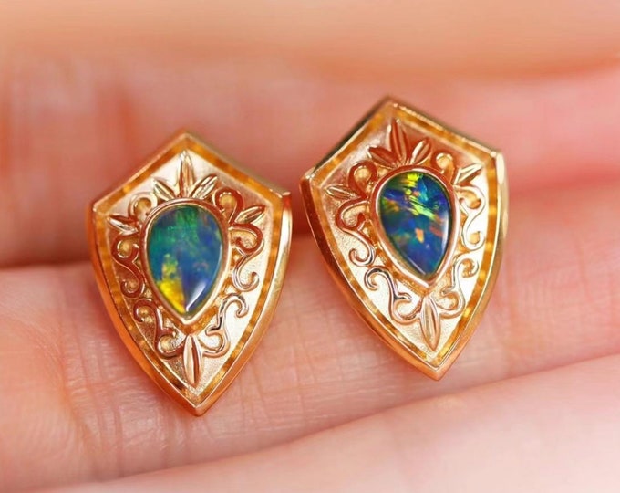 Shield Shape 18k Solid Gold Real Australian Opal Earrings Studs/Gold Blue Natural opal studs/Round opal earrings/Unique opal jewelry for her