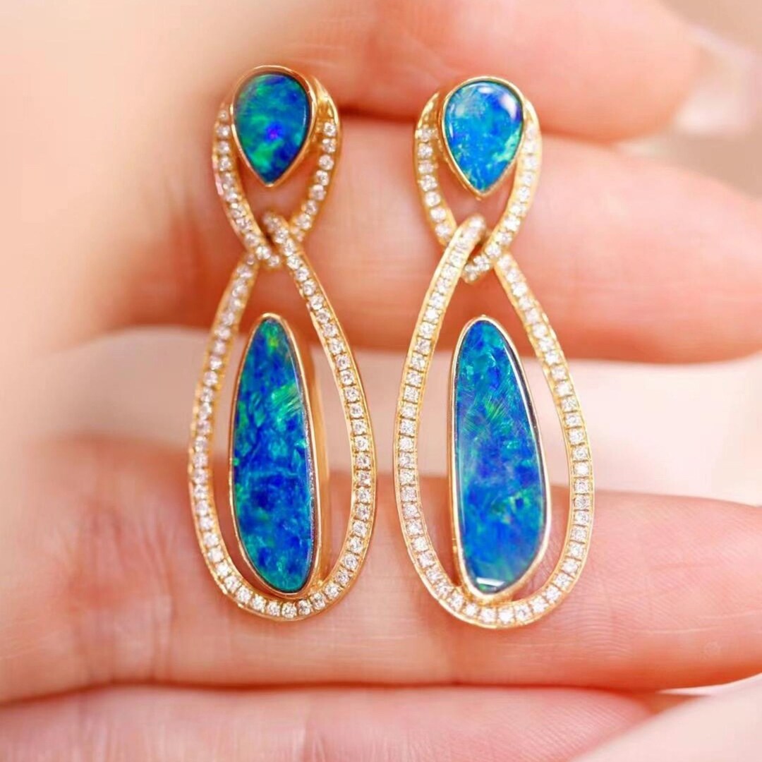 18k Gold Real Australian Blue Opal Earrings With Diamonds/back Sealed Natural Opal Earrings