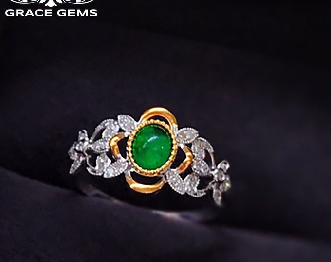 18K white gold Natural Emerald ring/vintage antique diamond emerald Engagement Wedding Ring/Victoria Celtic handmade jewelry for women band