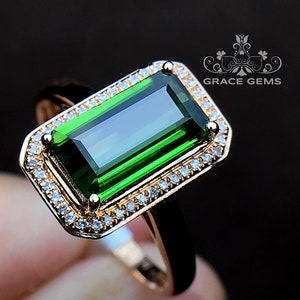 18k solid gold big square green tourmaline ring/diamond engagement wedding ring/Green gemstone one of a kind/Art Deco/October birthstone