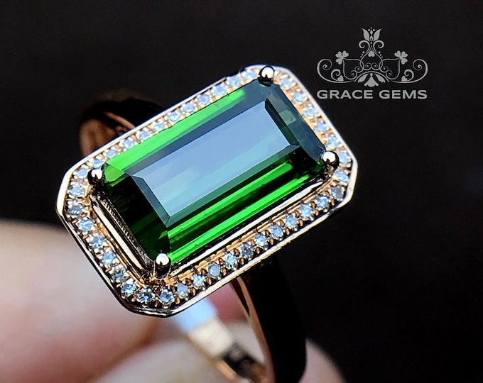 18k solid gold big square green tourmaline ring/diamond engagement wedding ring/Green gemstone one of a kind/Art Deco/October birthstone