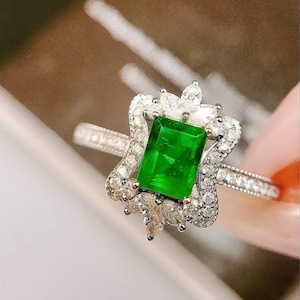 Natural Zambia emerald engagement wedding ring in 18k gold with diamonds/emerald gemstone made/Art Deco promise emerald ring/unique ring
