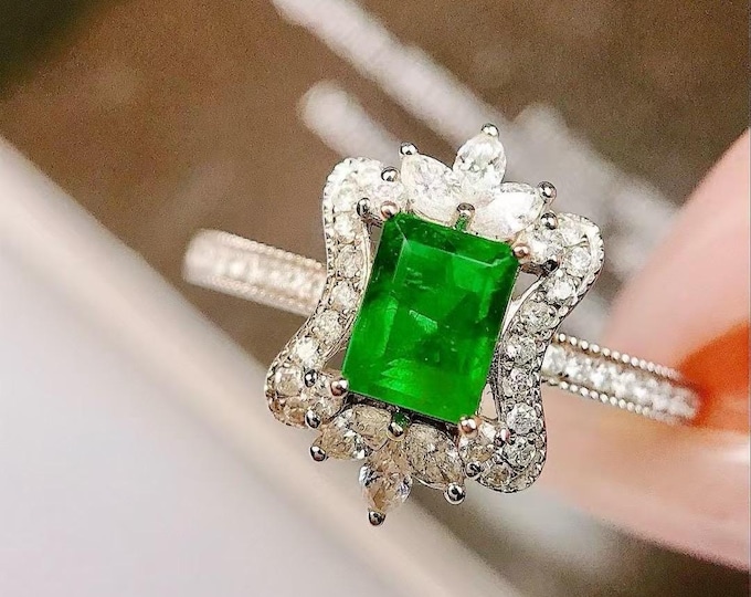 Natural Zambia emerald engagement wedding ring in 18k gold with diamonds/emerald gemstone made/Art Deco promise emerald ring/unique ring