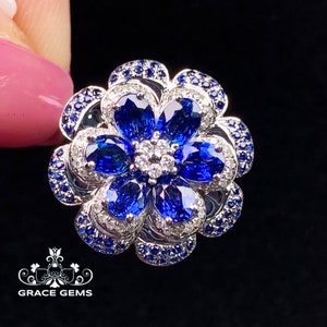 Flower 18k/14k white gold multi-stone sapphire engagement ring with big diamonds/Blue gemstone/Vintage Antique/Art Deco/Boho Celtic Unique
