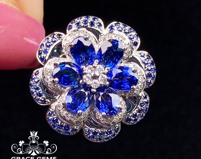 Flower 18k/14k white gold multi-stone sapphire engagement ring with big diamonds/Blue gemstone/Vintage Antique/Art Deco/Boho Celtic Unique