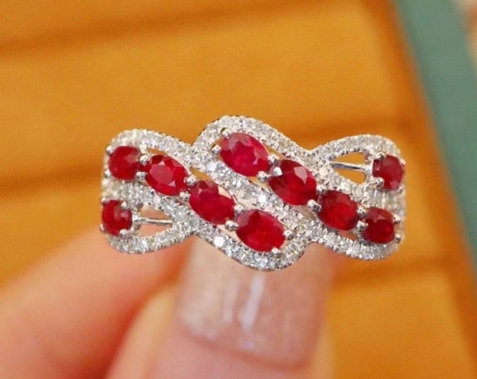 18K white Gold Ruby Ring/Art Deco Ruby Diamond Ring/Ruby Wedding Band/Natural Antique Ruby Ring/Stackable ruby Ring/Vintage ruby ring women