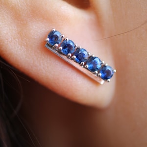 May include: A silver bar earring with six blue sapphires set in a row.