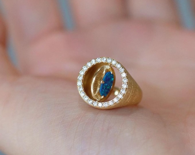Natural Australian Blue Opal Ring 18K Gold, Reversible Amethyst Ring, Double Face Two Stone Ring, Unique Handmade Luxury Gemstone Jewelry