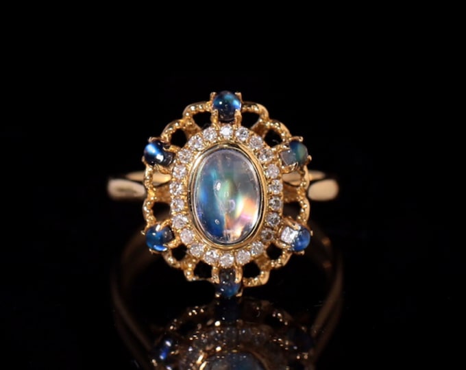 18k Yellow Gold  Moonstone Engagement Ring/Eternity halo diamond band/6X8mm Color changing Wedding ring/Unique Viking Ring/Handmade Art Deco