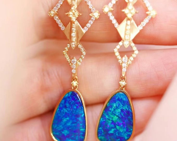 Unique 18k Gold Real Australian Opal Earrings with diamonds/Seal Back Natural opal earrings/Rainbow opal earrings/Unique butterfly dangle