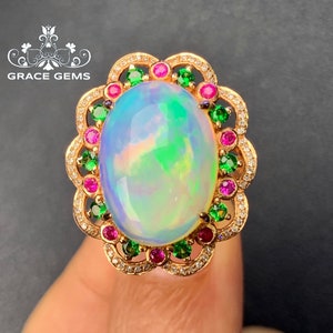 Gem Natural Ethiopian Opal Ring in 18k/14k Solid rose Gold with Diamonds Rubies & Travorites/Raw Opal Engagement ring/Full eternity wedding