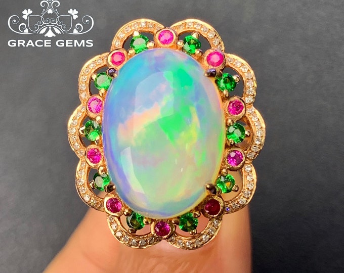 Gem Natural Ethiopian Opal Ring in 18k/14k Solid rose Gold with Diamonds Rubies & Travorites/Raw Opal Engagement ring/Full eternity wedding