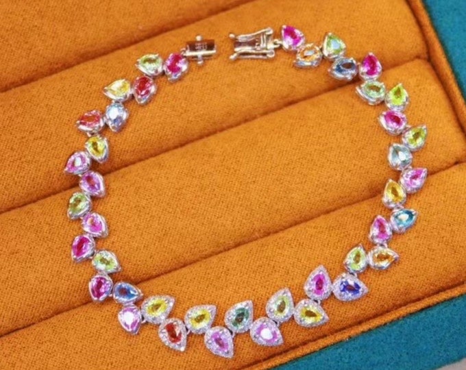 18k white gold natural multi-stone sapphire bracelet/Real sapphire bracelet and diamonds/Colorful sapphire bracelet/Handmade pink bracelet