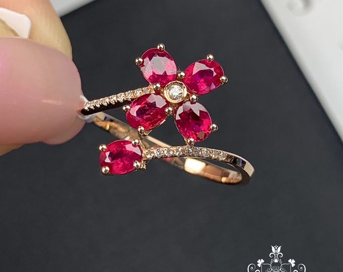 18K solid rose gold natural unheated pigeon blood red ruby ring/Genuine ruby Engagement Ring with Diamonds/halo Vintage Handmade Bride ring