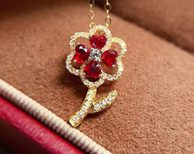 Unique Design Floral Pigeon Blood Red Ruby Pendant in 18k gold diamonds/Flower Ruby Necklace/Anniversary Birthday choker ruby pendant