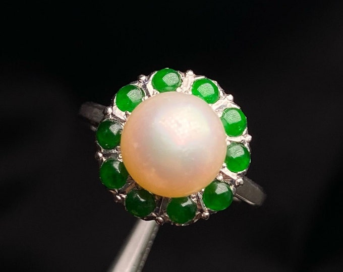 9mm 18k gold Natural Japanese Akoya Sea Pearl Ring with tsavorites/Pearl engagement ring & diamond halo band/Certified Pear handmade women