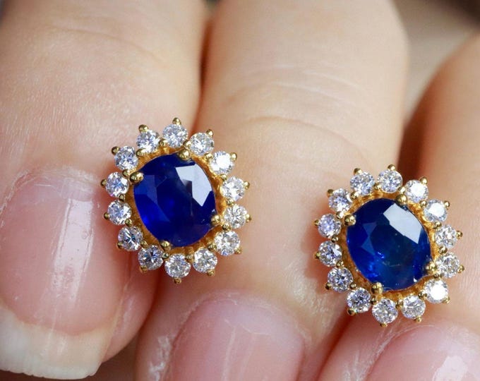 Natural untreated Royal Blue Sapphire studs in 18k gold/diamond halo quality sapphire jewelry/high end custom sapphire earrings for birthday