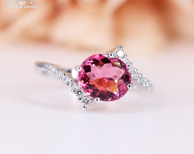 18k white gold natural tourmaline ring/Rare pink brilliant cut tourmaline engagement wedding ring/Pink gemstone/Custom Halo eternity promise