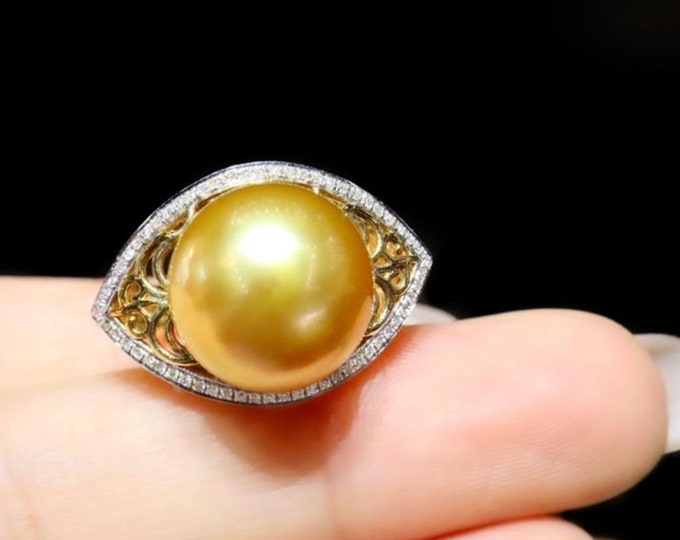 12mm 18k gold Natural Golden Sea Pearl Ring with Diamonds/Evil Eye Real Pearl Engagement ring for women/Certifie handmade pearl ring women