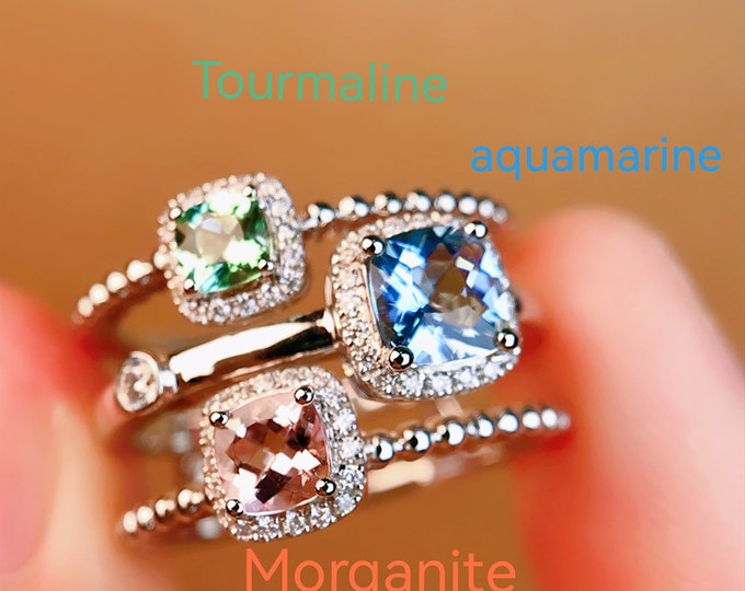 Cluster Aquamarine Morganite Tourmaline 18k rose gold ring with diamond band and halo/Engagement Wedding Ring Set/Unique Bridal set/Promise