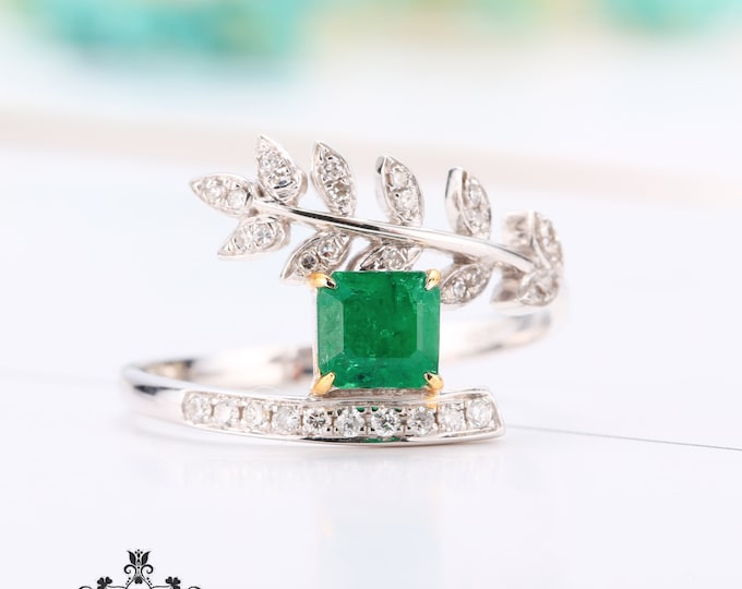 Solitaire Twig Shape Natural Emerald Engagement Wedding Ring in solid 18k gold with diamonds/Vintage Unique custom Delicate promise ring