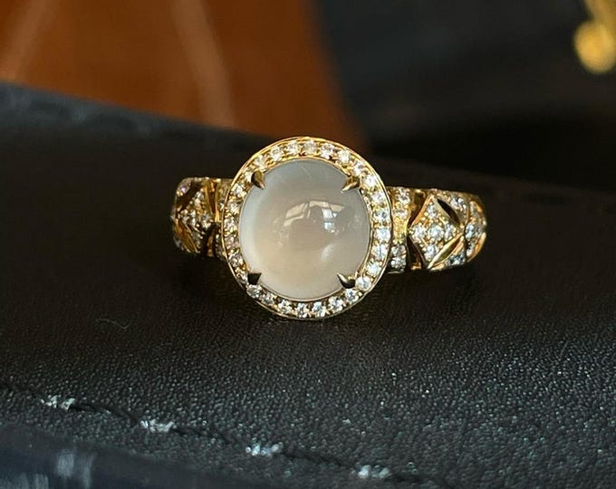 18k Solid Yellow Gold Natural Myanmar Icy Jadeite ring with diamonds/One of a kind  handmade Engagement Wedding Ring Best Everyday Wear Ring