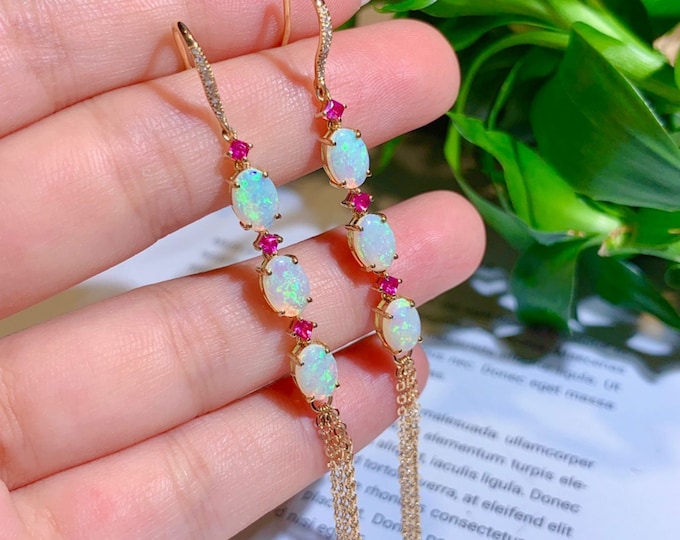 18k Solid Rose Gold Genuine Australian Opal Hook earrings with ruby and diamond accents/Natural Opal Unique Anniversary gift/Handmade studs